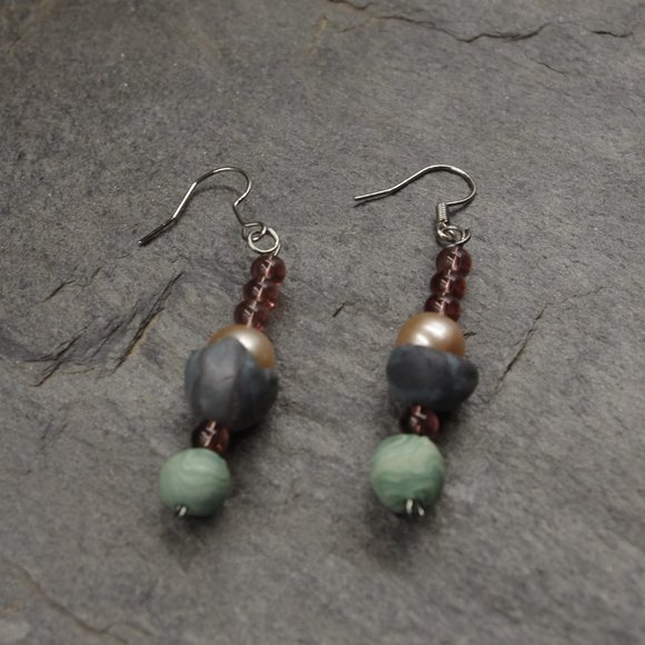Boho Dangle Beaded Earrings with Pearls and Handmade Polymer Clay Beads - Picture 4 of 6